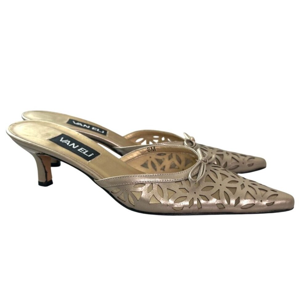 VAN ELi Gold Leather Kitten Heel Mules Size 8 Pointed Toe Slip On Italy - Picture 3 of 10